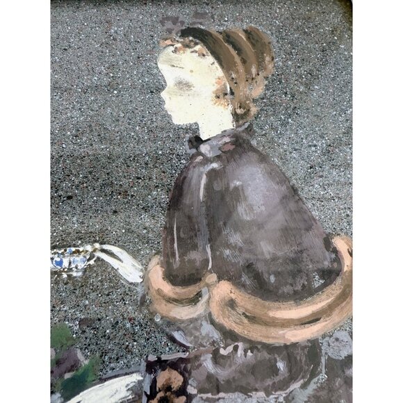 Vintage 40's Framed Acrylic Painting Creepy Victorian Girl Drinking Tea - Picture 3 of 16